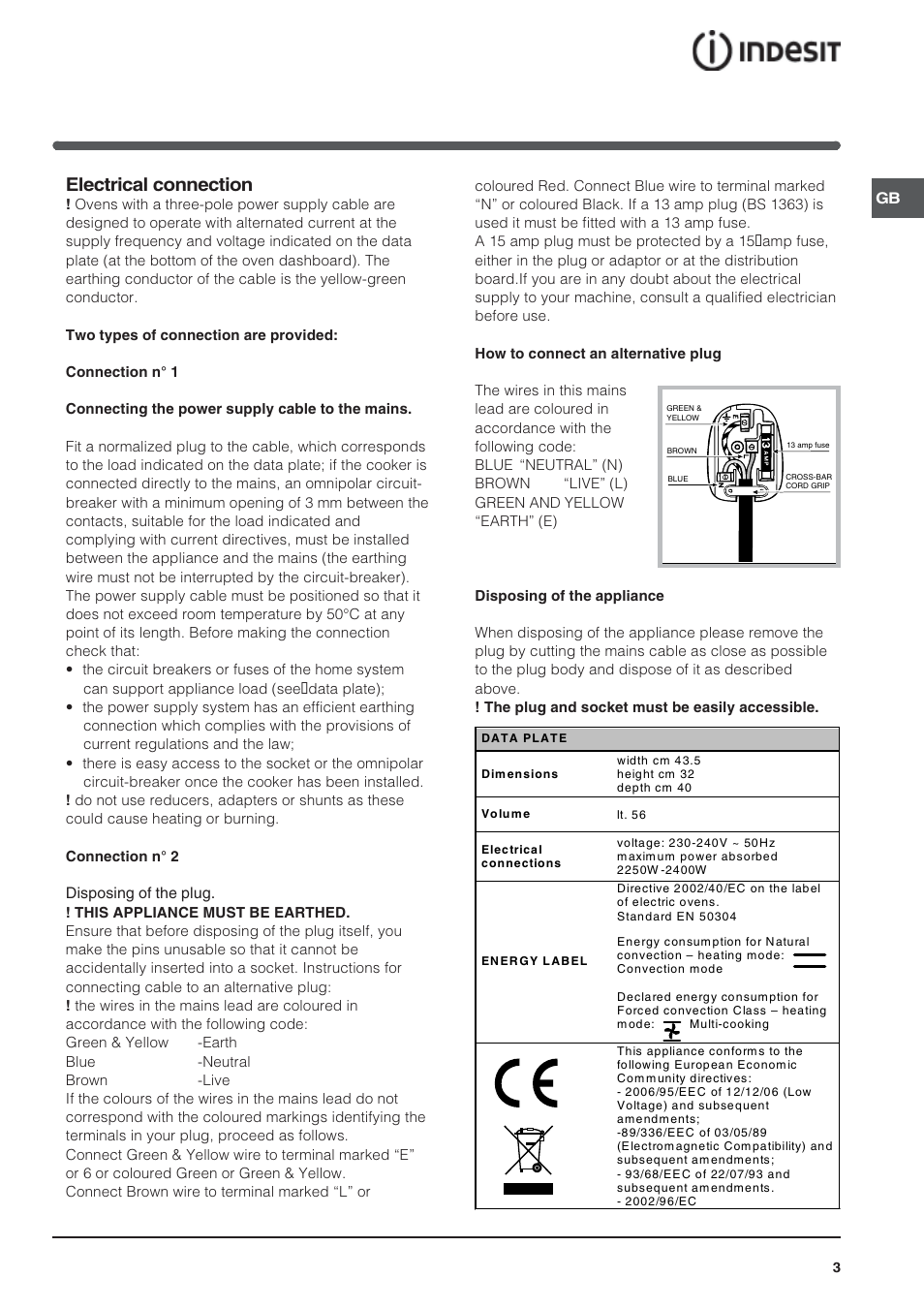 Electrical connection | Indesit FIE 56 K.B IX GB/1 User Manual | Page 3 / 12