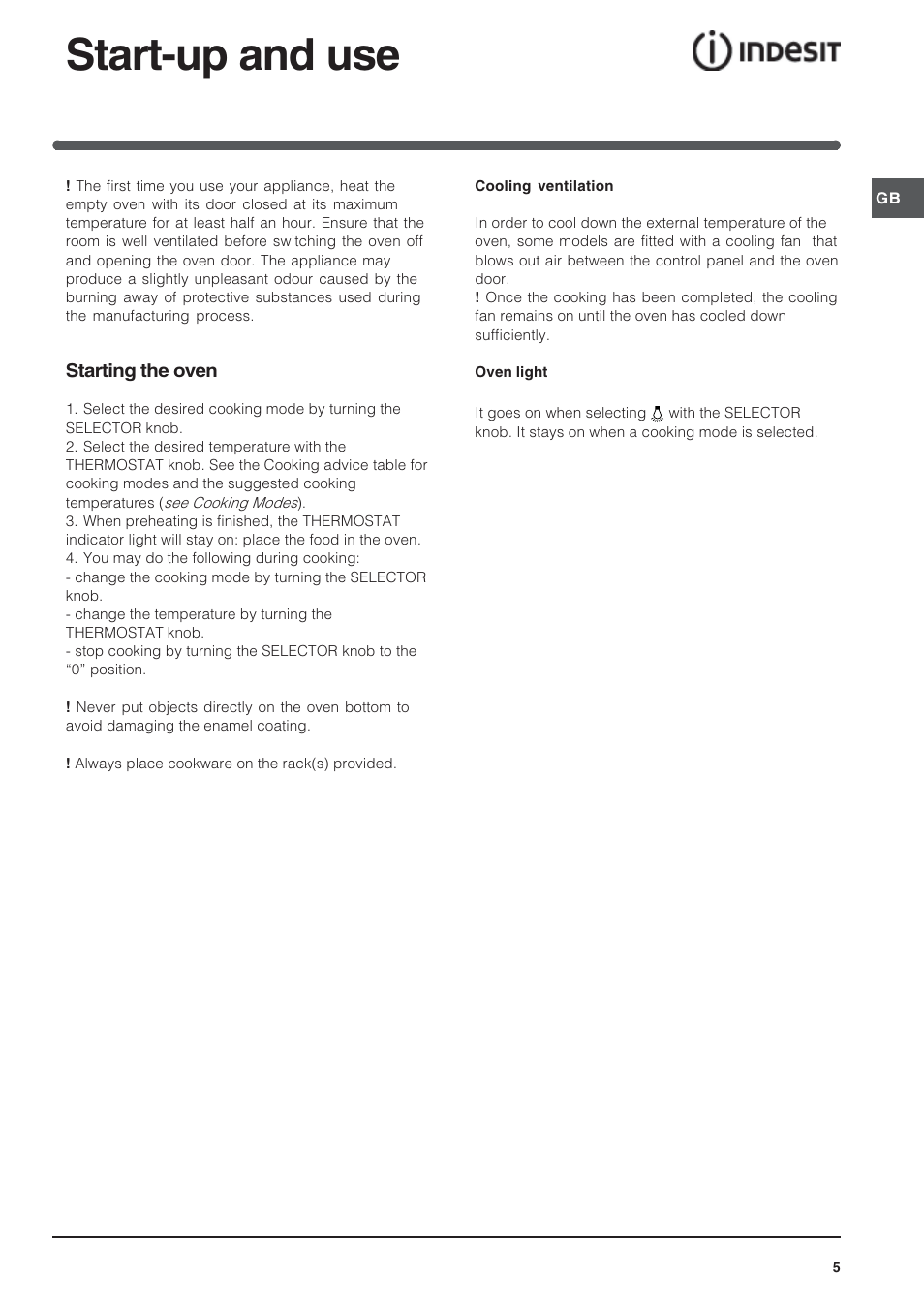 Start-up and use | Indesit FIE 56 K.B IX GB/1 User Manual | Page 5 / 12