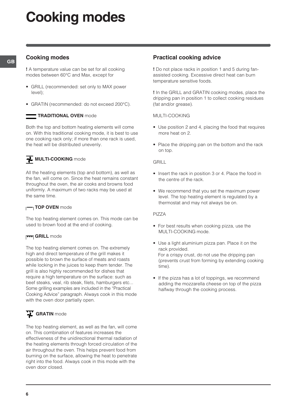 Cooking modes, Practical cooking advice | Indesit FIE 56 K.B IX GB/1 User Manual | Page 6 / 12