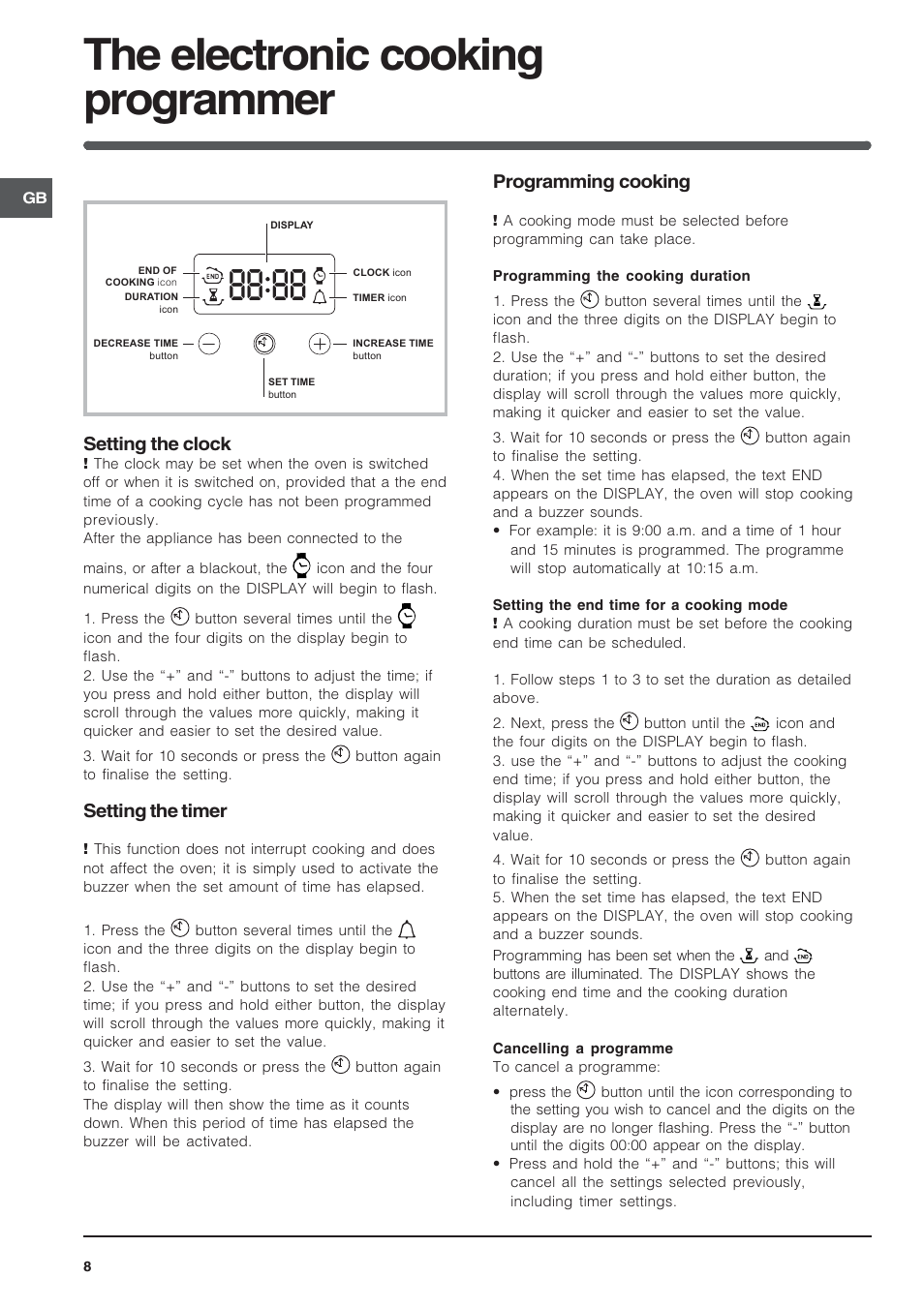 The electronic cooking programmer, Setting the clock, Setting the timer | Programming cooking | Indesit FIE 56 K.B IX GB/1 User Manual | Page 8 / 12