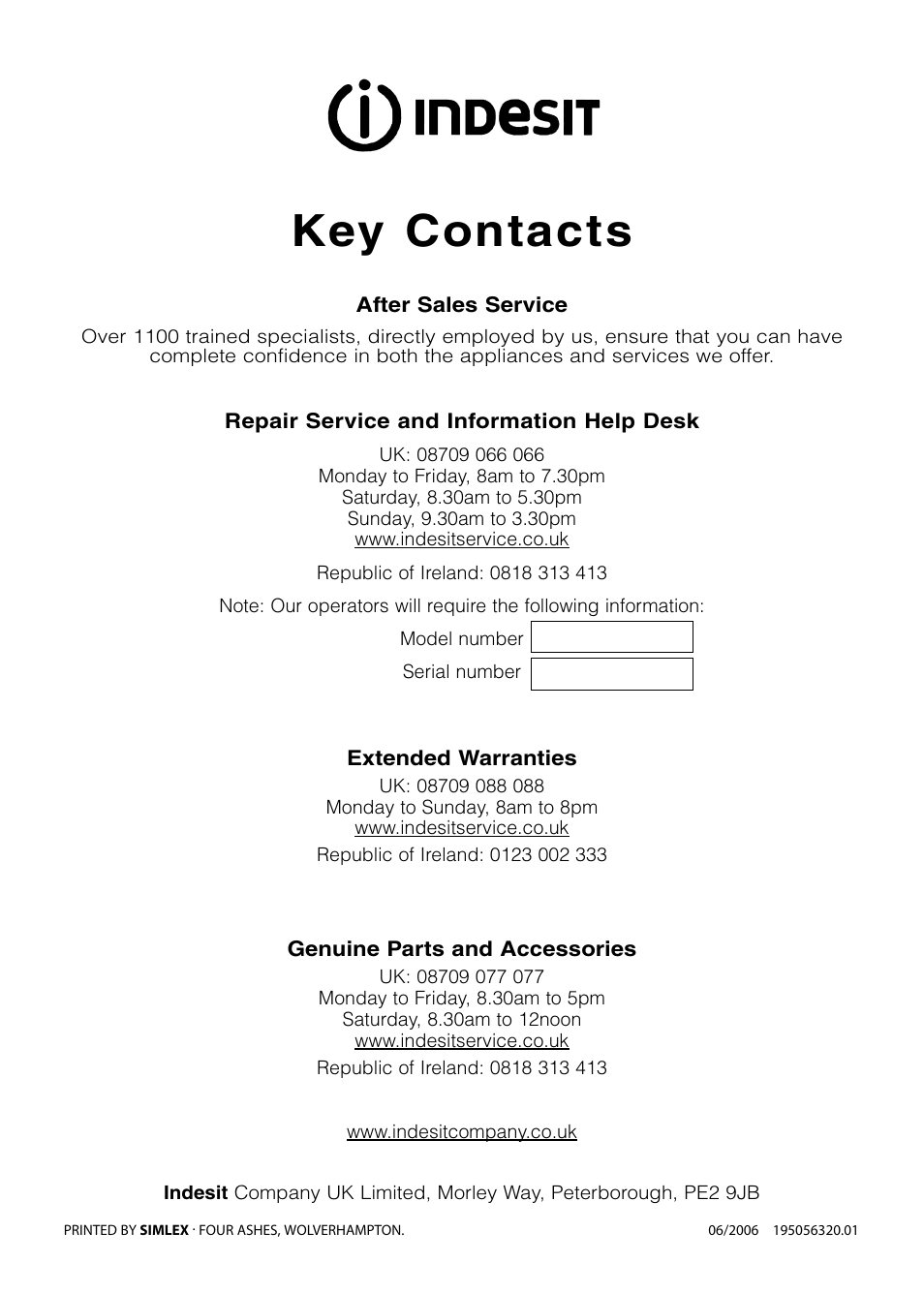 Key contacts | Indesit KD6G25W User Manual | Page 32 / 32