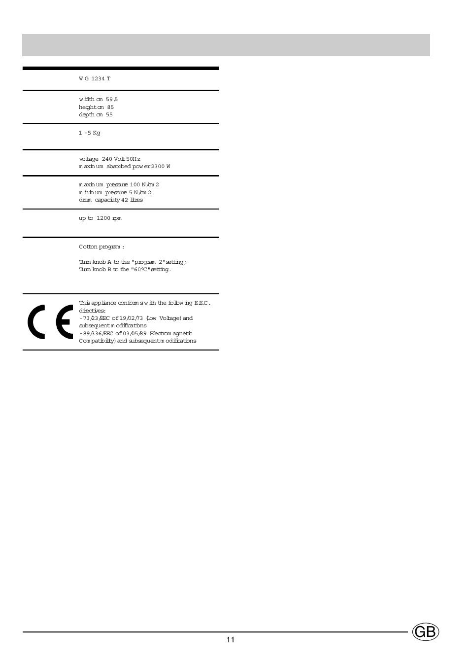 Technical characteristics | Indesit WG1234TG User Manual | Page 12 / 12