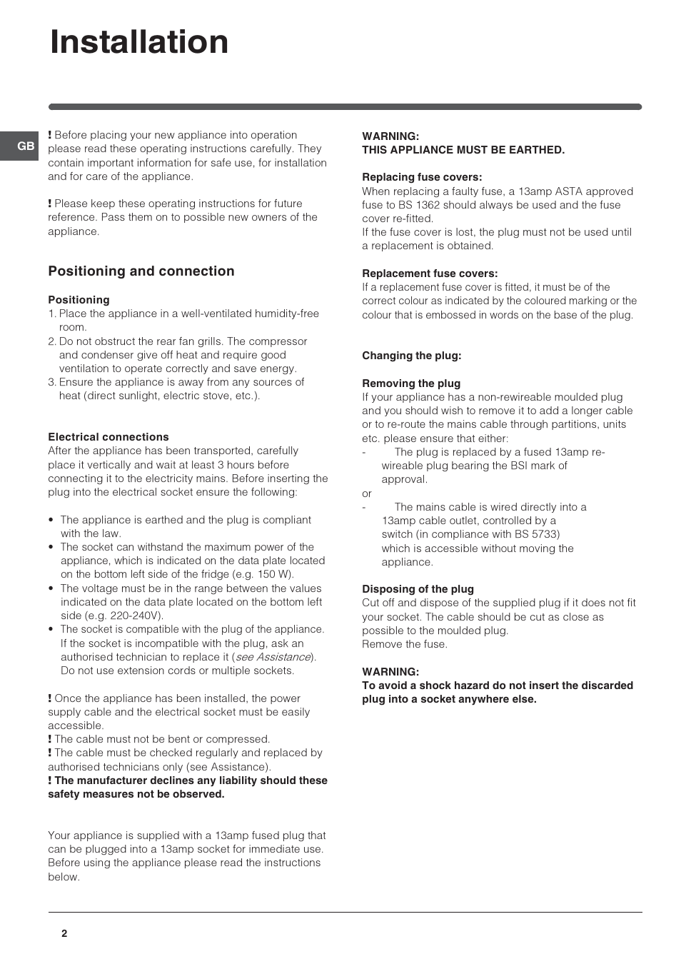 Installation, Positioning and connection | Indesit IN CB 320 I UK User Manual | Page 2 / 8