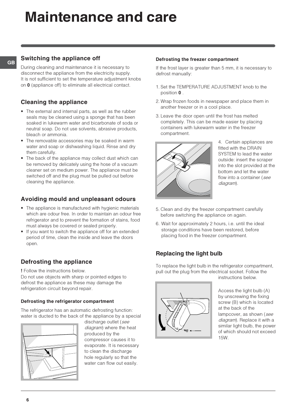 Maintenance and care | Indesit IN CB 320 I UK User Manual | Page 6 / 8