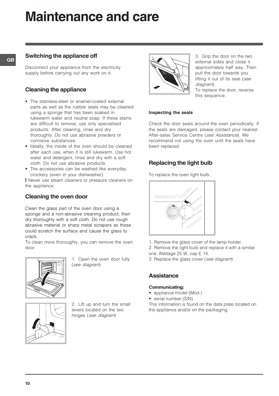 Maintenance and care | Indesit FIE 36 K.B IX GB/1 User Manual | Page 10 / 12