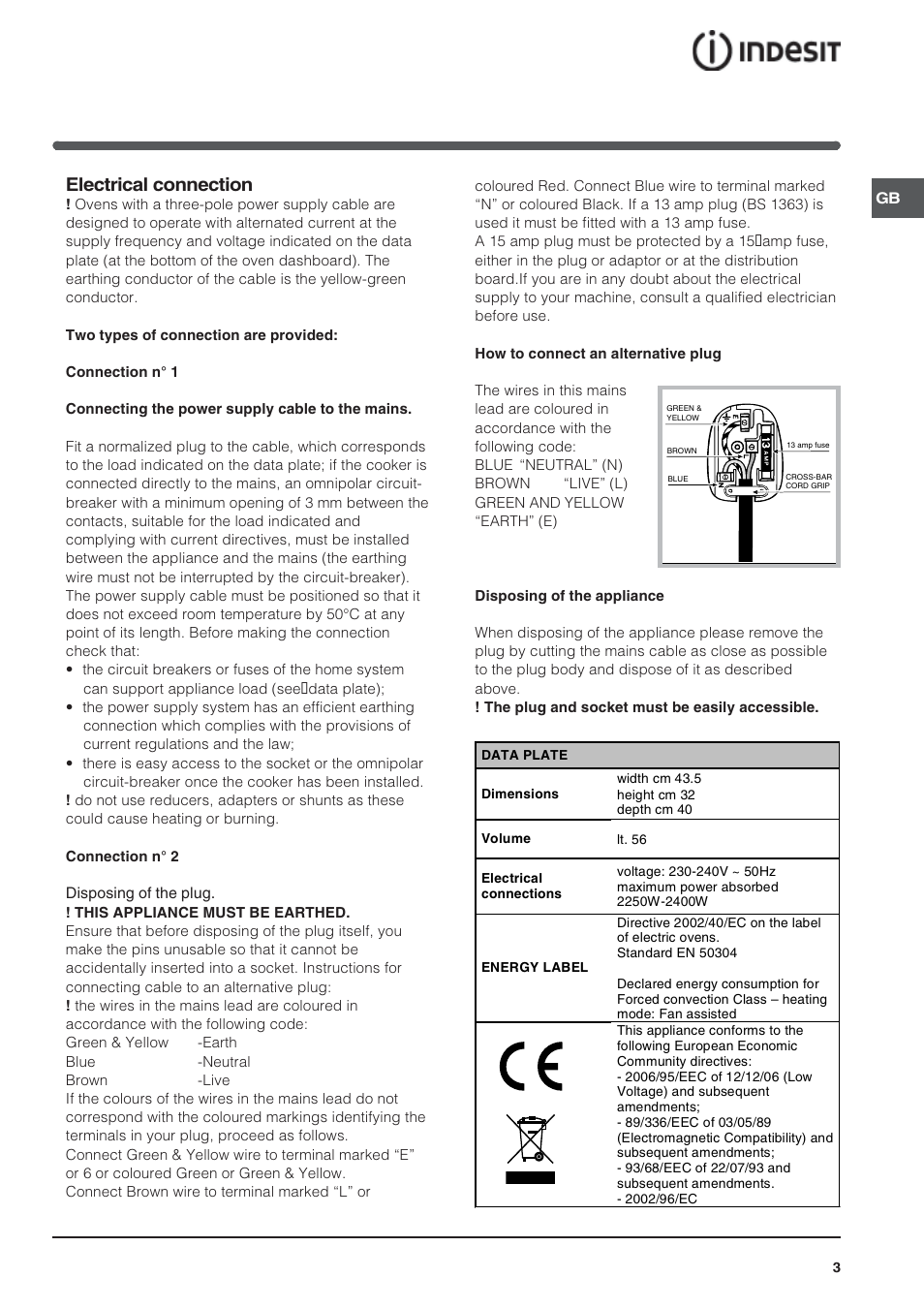 Electrical connection | Indesit FIE 36 K.B IX GB/1 User Manual | Page 3 / 12