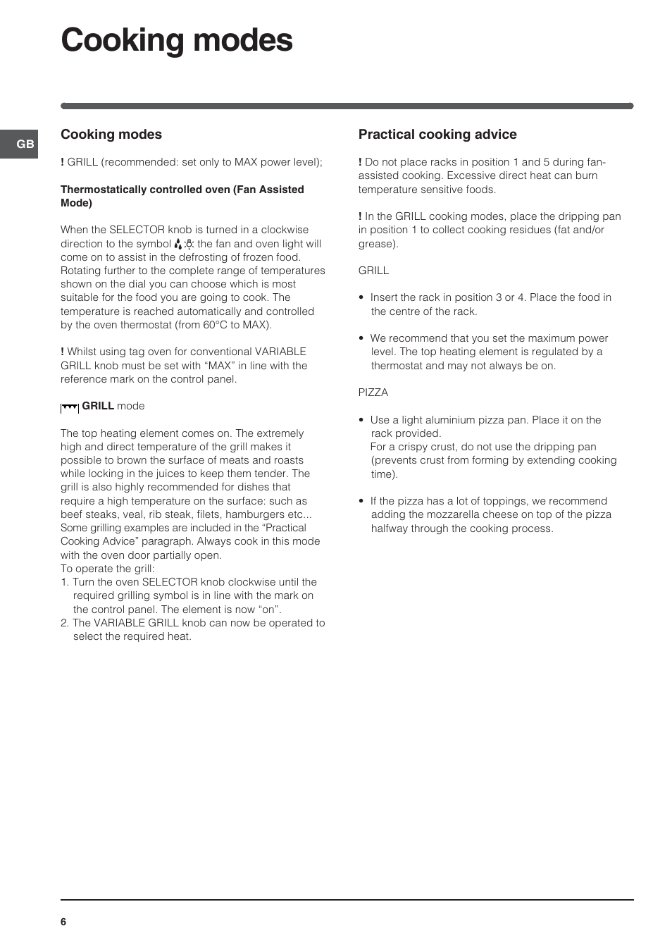 Cooking modes | Indesit FIE 36 K.B IX GB/1 User Manual | Page 6 / 12