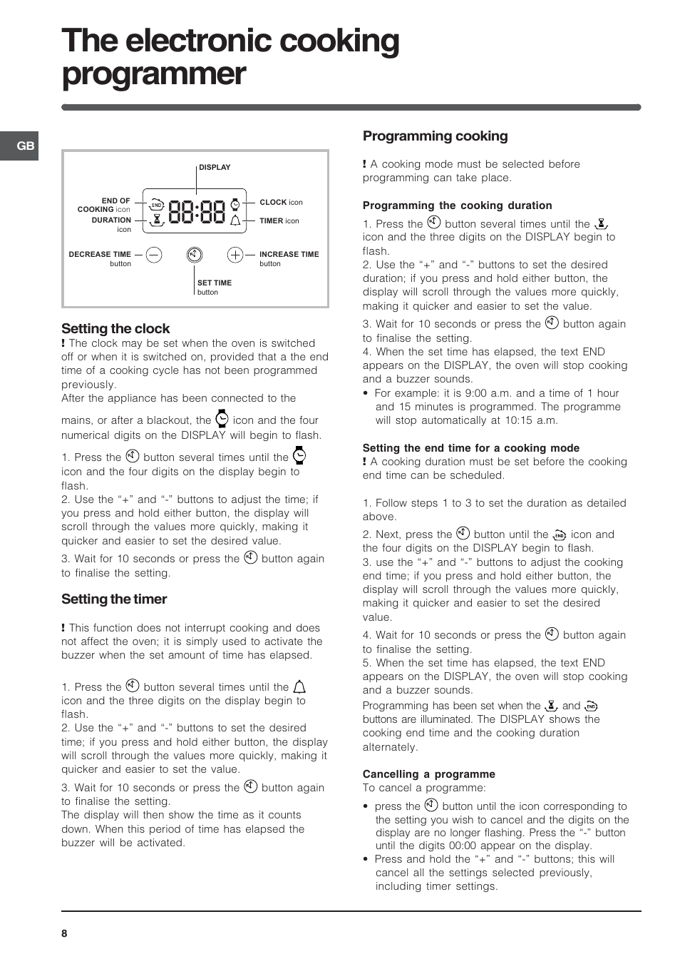 The electronic cooking programmer, Setting the clock, Setting the timer | Programming cooking | Indesit FIE 36 K.B IX GB/1 User Manual | Page 8 / 12