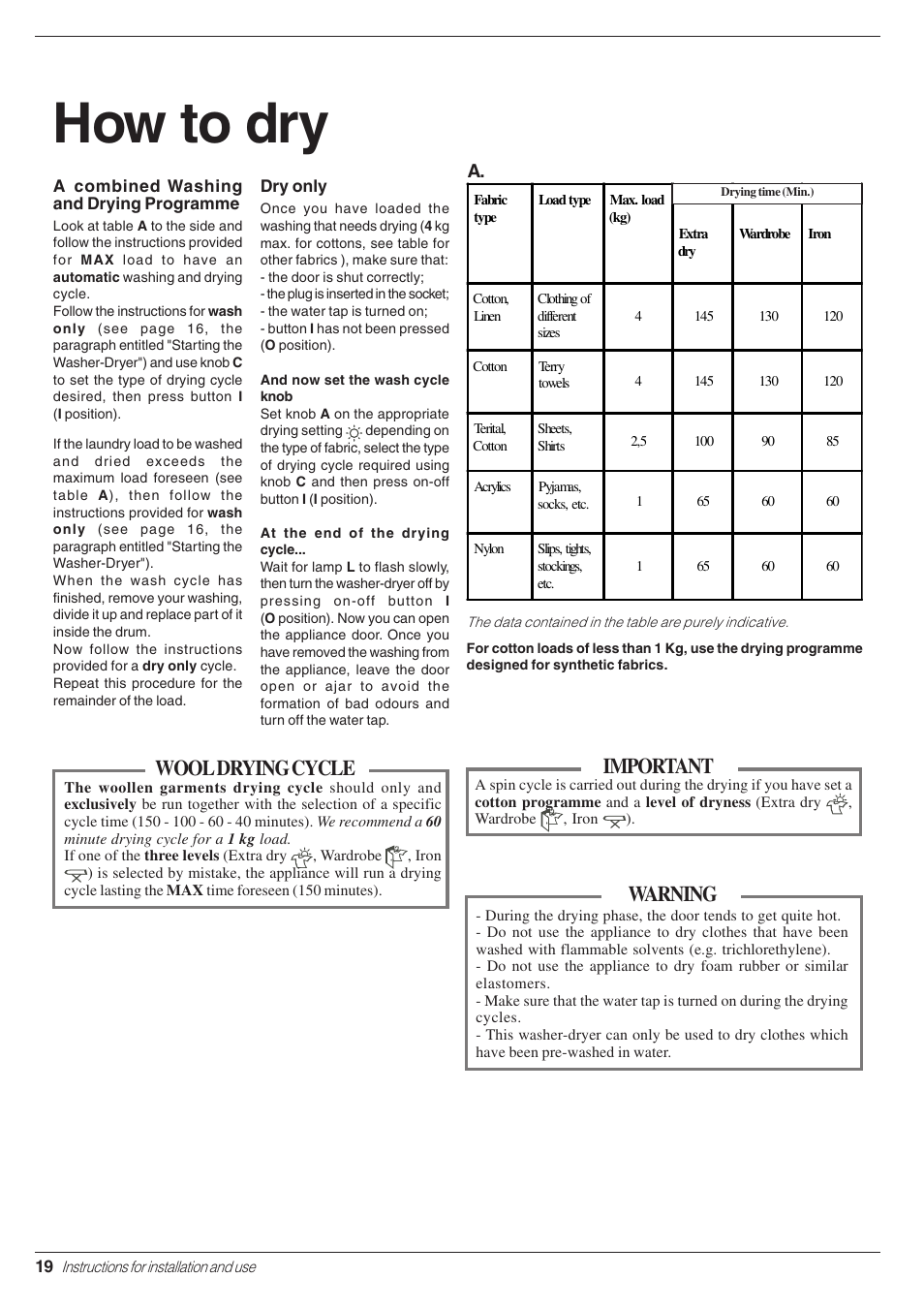 How to dry, Warning, Important | Wool drying cycle | Indesit WD 125 T User Manual | Page 22 / 60