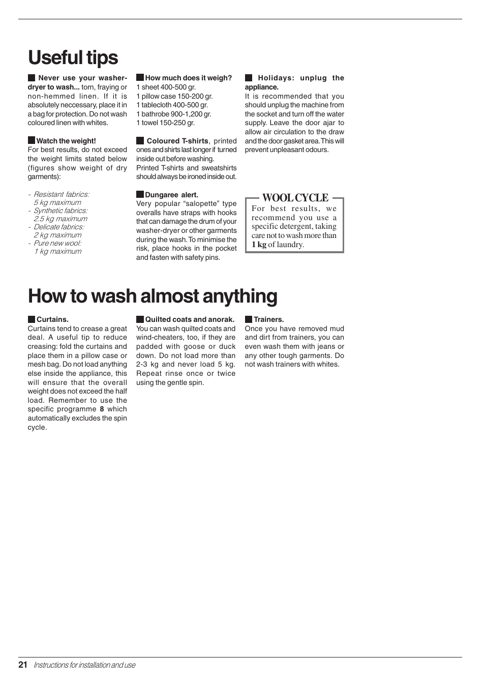 Useful tips, How to wash almost anything, Wool cycle | Indesit WD 125 T User Manual | Page 24 / 60