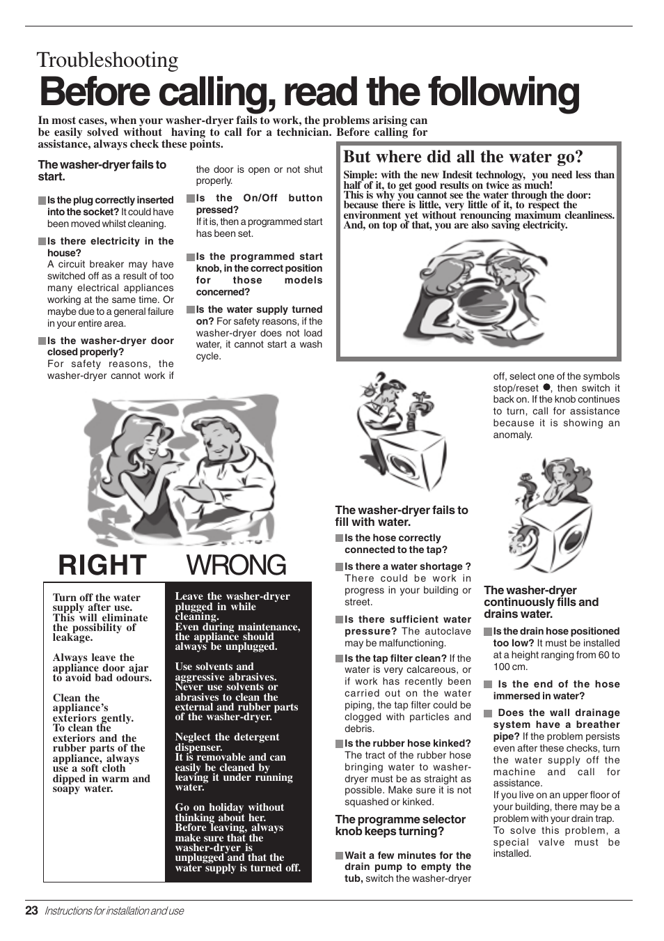 Before calling, read the following, Right wrong, Troubleshooting | But where did all the water go | Indesit WD 125 T User Manual | Page 26 / 60