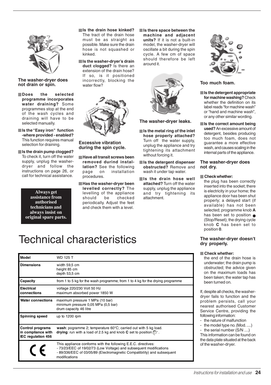 Technical characteristics | Indesit WD 125 T User Manual | Page 27 / 60