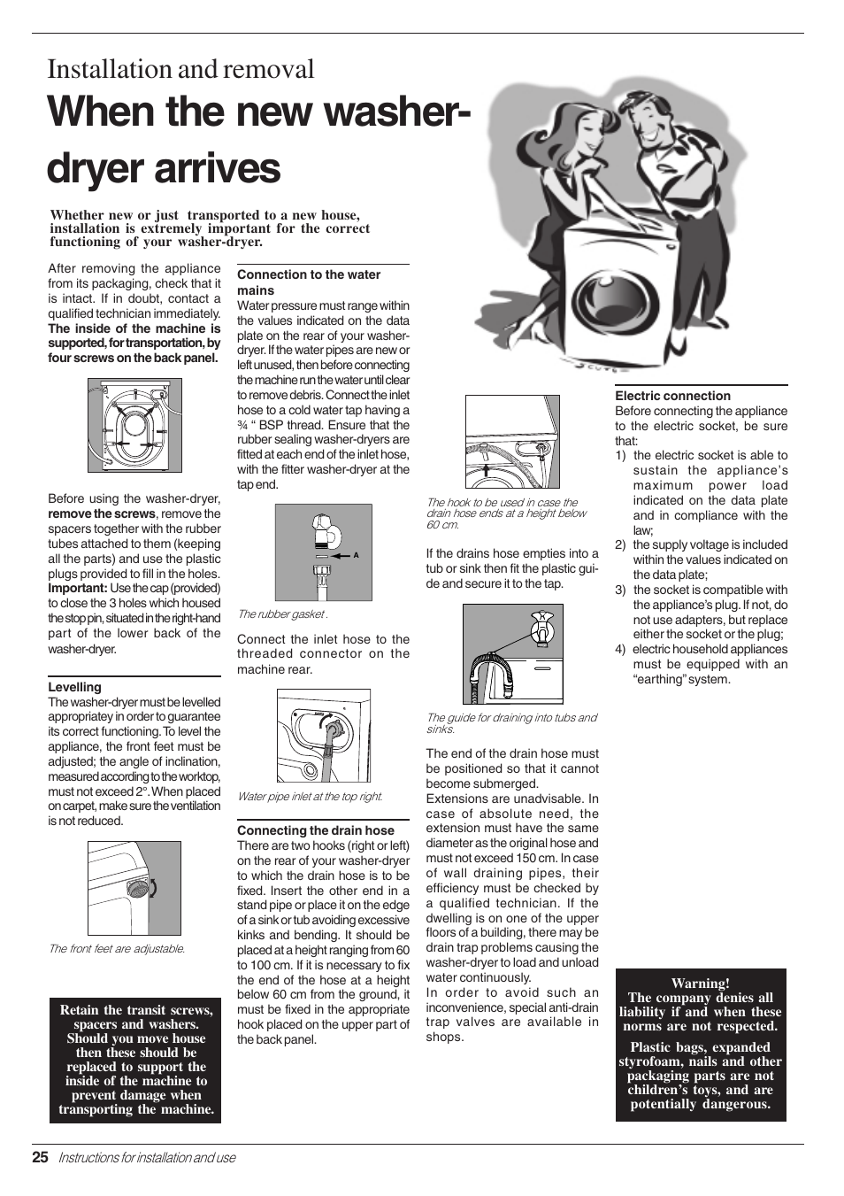 When the new washer- dryer arrives, Installation and removal | Indesit WD 125 T User Manual | Page 28 / 60