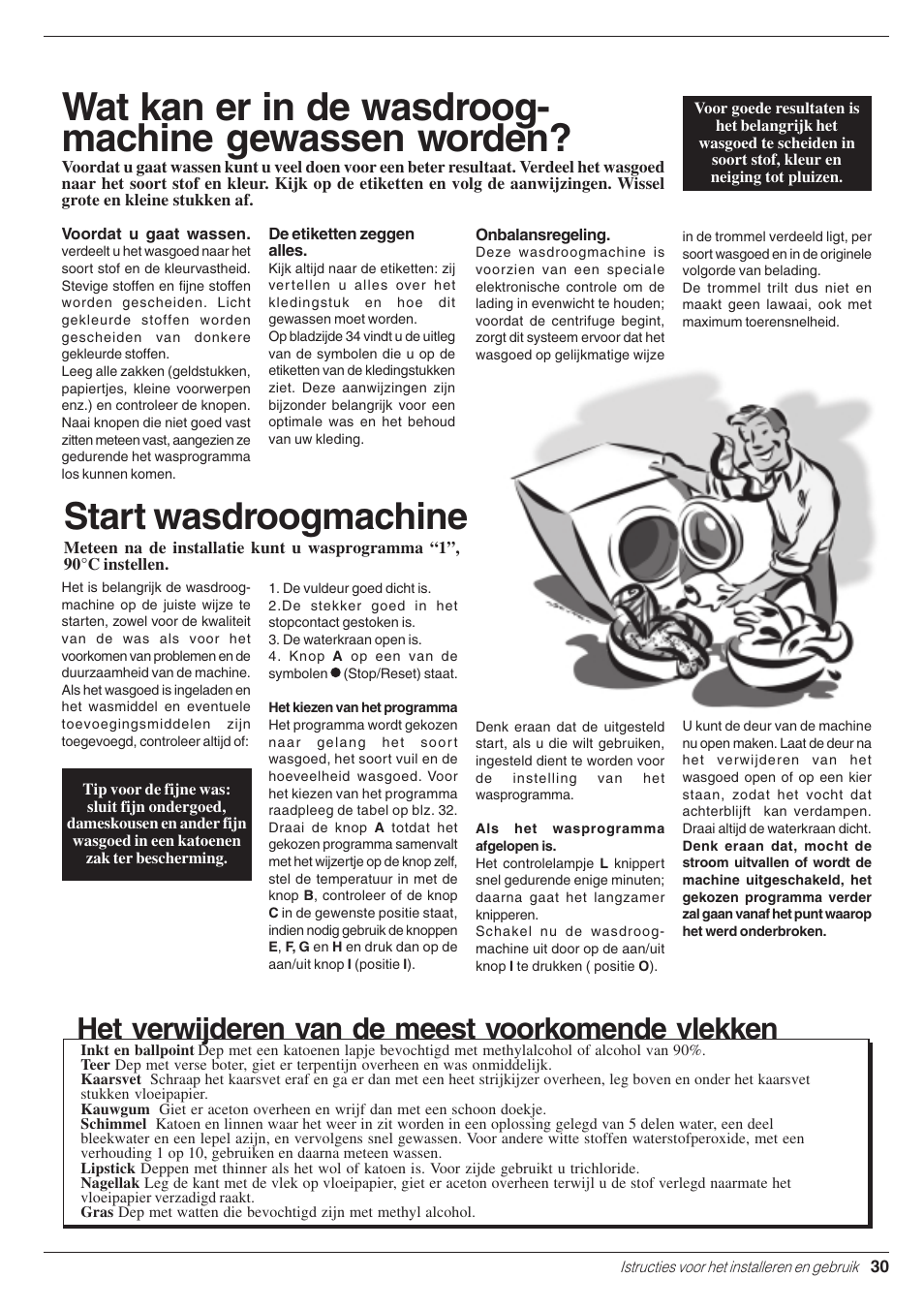 Wat kan er in de wasdroog- machine gewassen worden, Start wasdroogmachine, Het verwijderen van de meest voorkomende vlekken | Indesit WD 125 T User Manual | Page 33 / 60