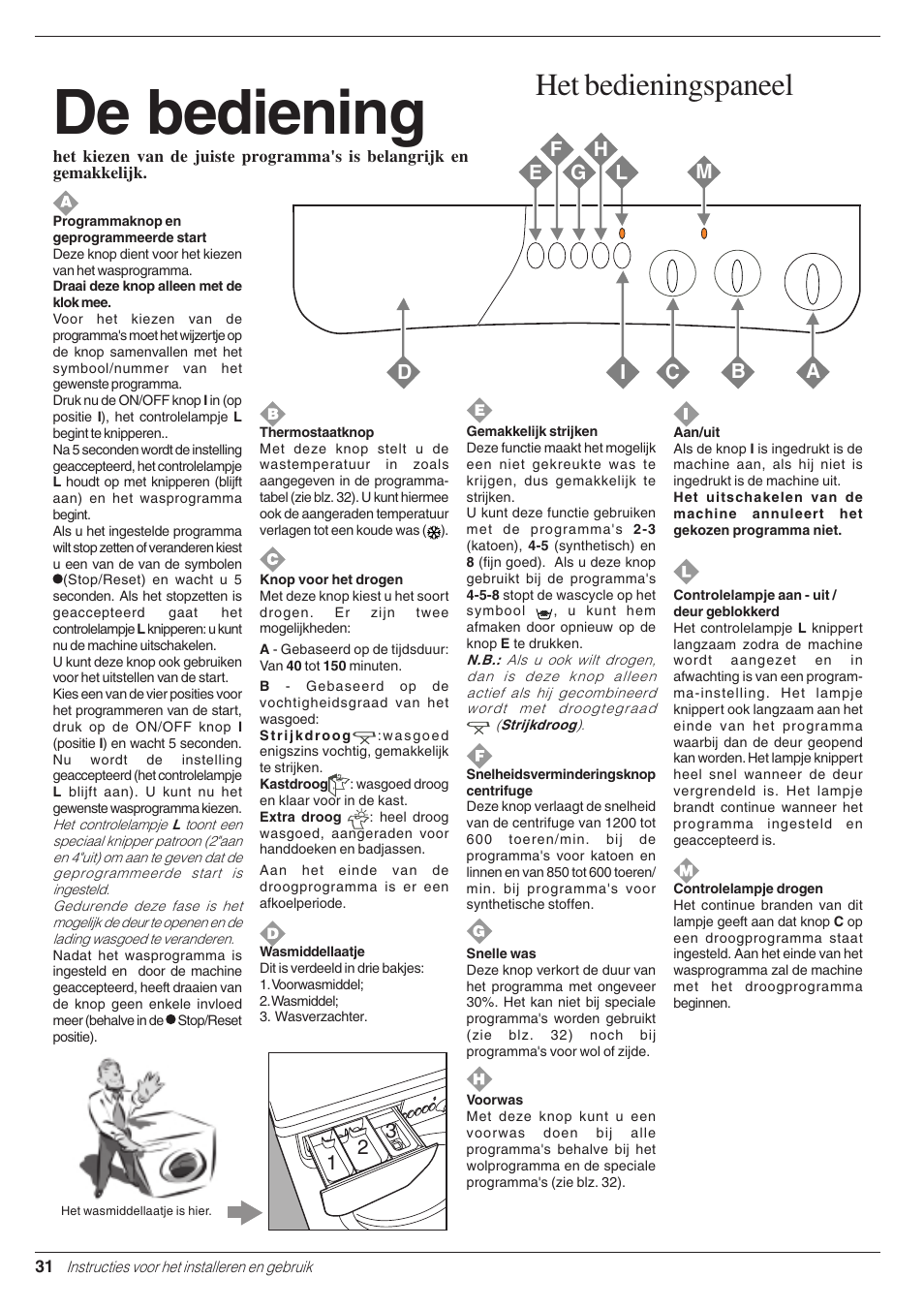 De bediening, Het bedieningspaneel | Indesit WD 125 T User Manual | Page 34 / 60