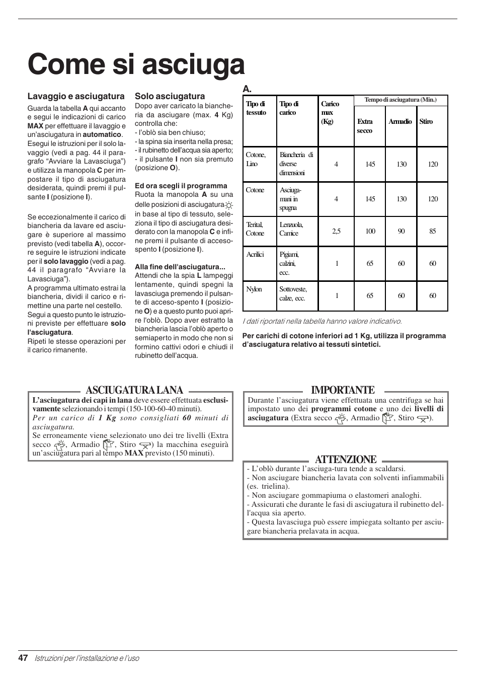 Come si asciuga, Importante, Attenzione | Asciugatura lana | Indesit WD 125 T User Manual | Page 50 / 60