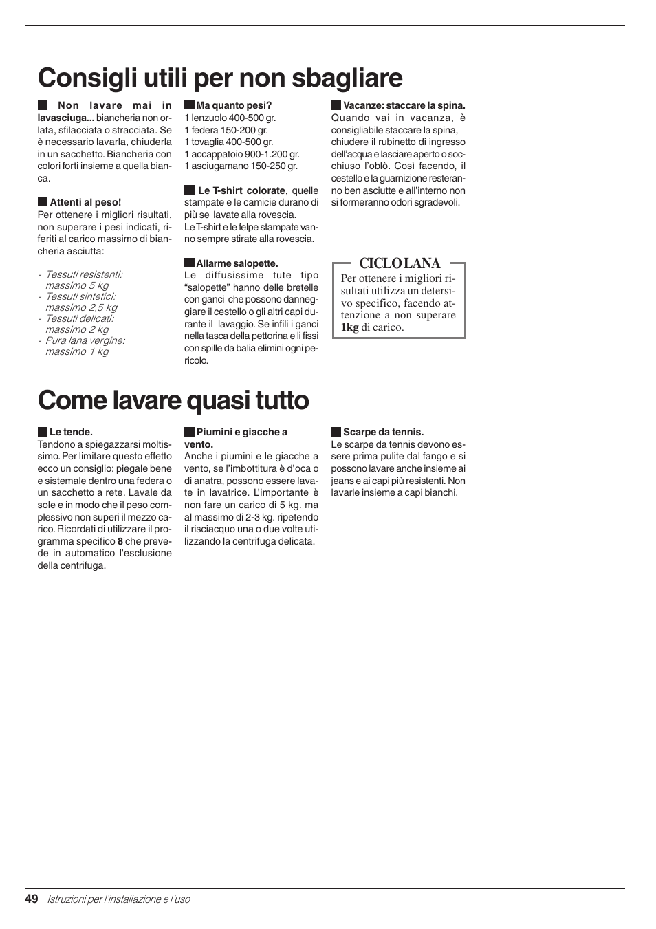 Consigli utili per non sbagliare, Come lavare quasi tutto, Ciclo lana | Indesit WD 125 T User Manual | Page 52 / 60