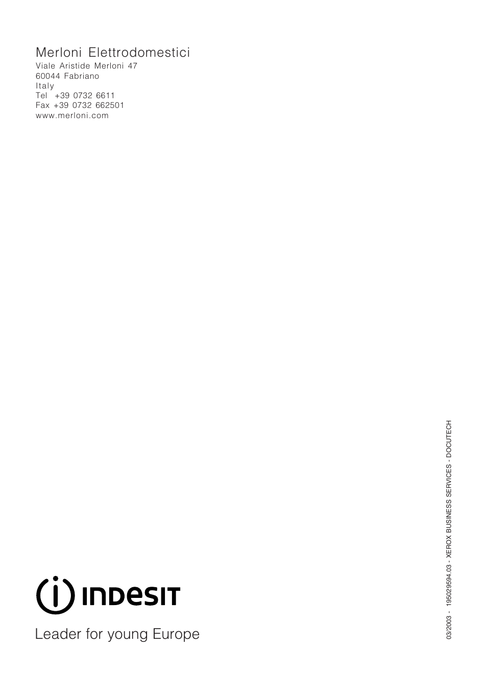Leader for young europe, Merloni elettrodomestici | Indesit WD 125 T User Manual | Page 60 / 60