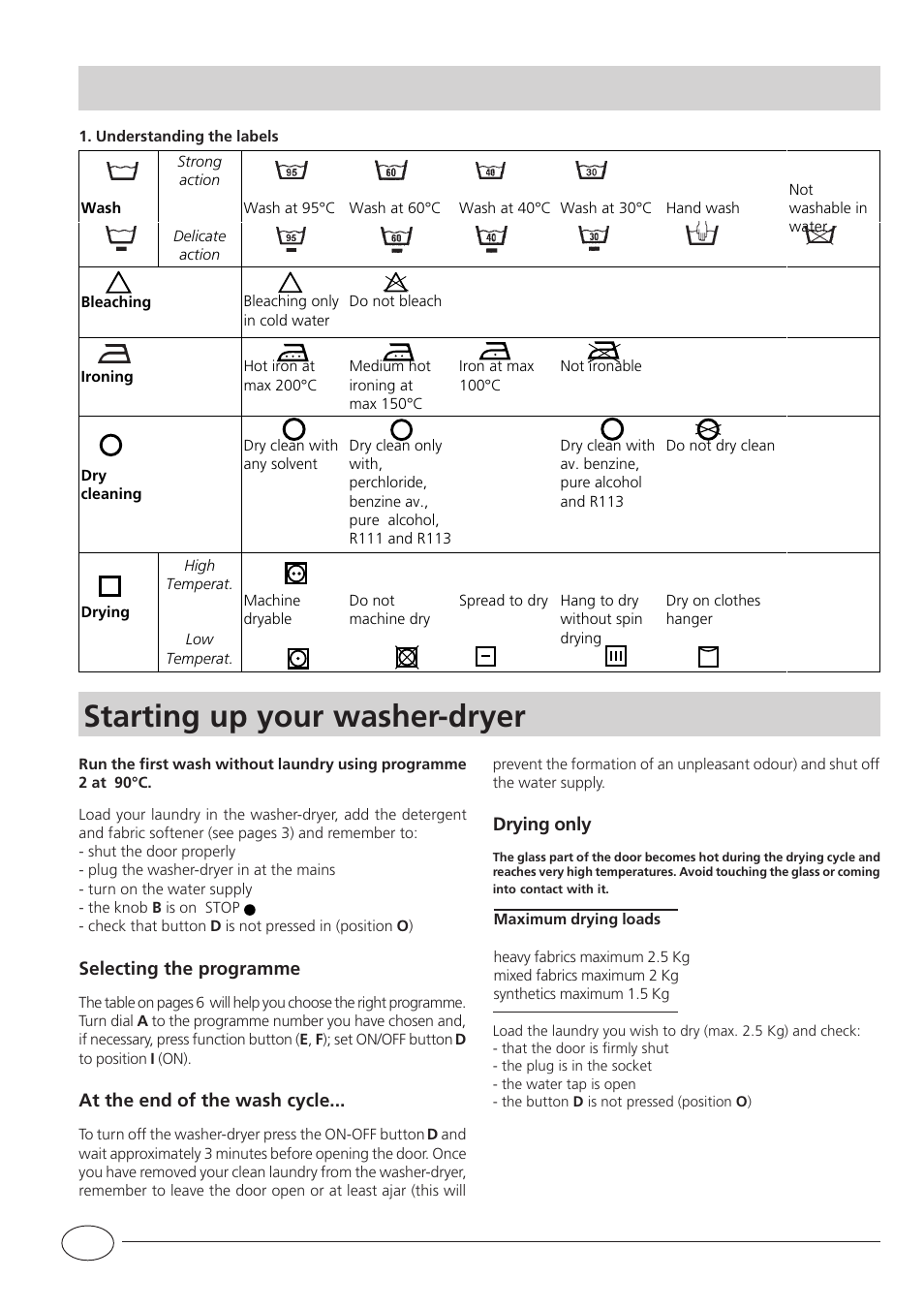 Starting up your washer-dryer | Indesit WDG 985 BG User Manual | Page 6 / 16