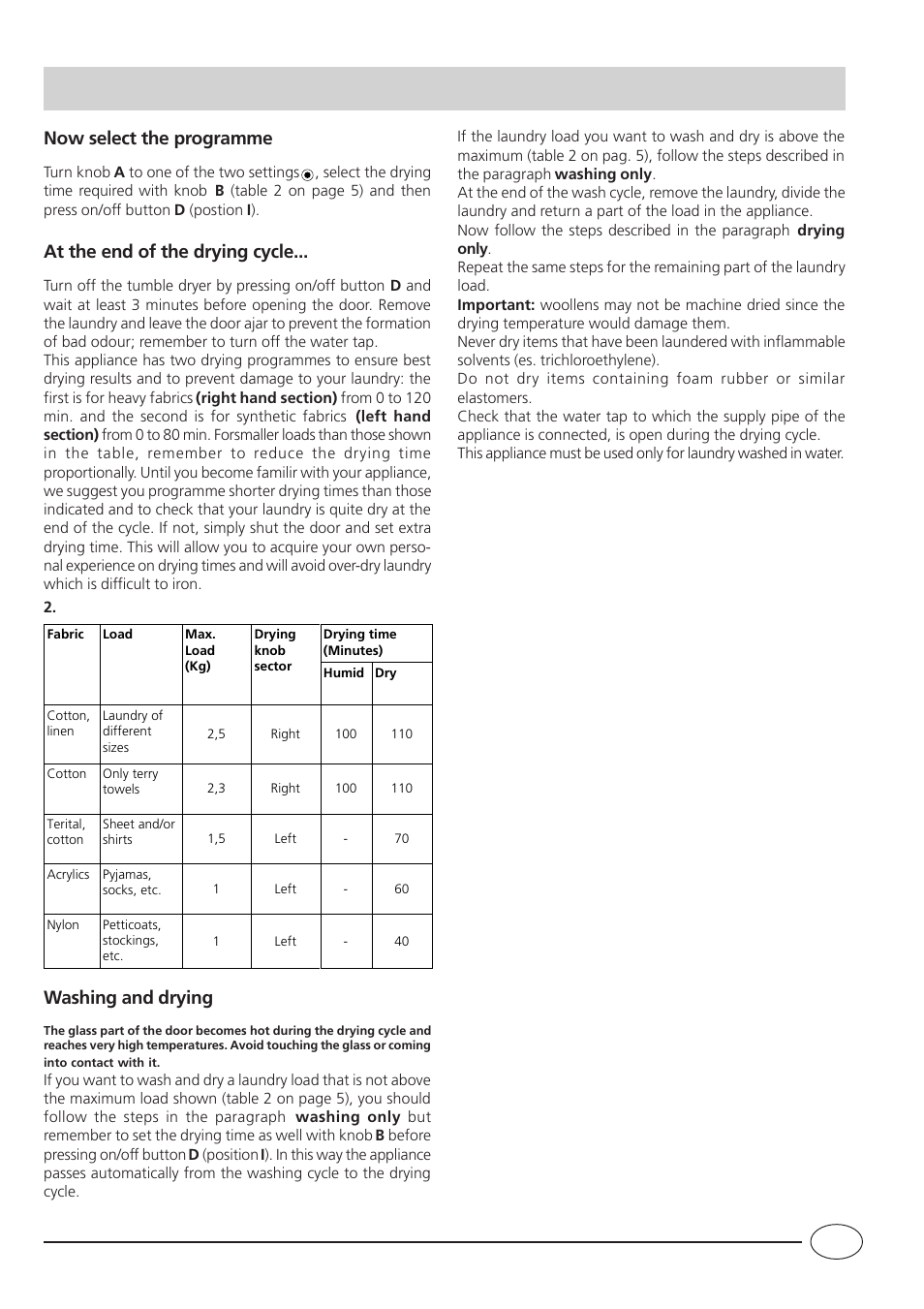 Now select the programme, At the end of the drying cycle, Washing and drying | Indesit WDG 985 BG User Manual | Page 7 / 16