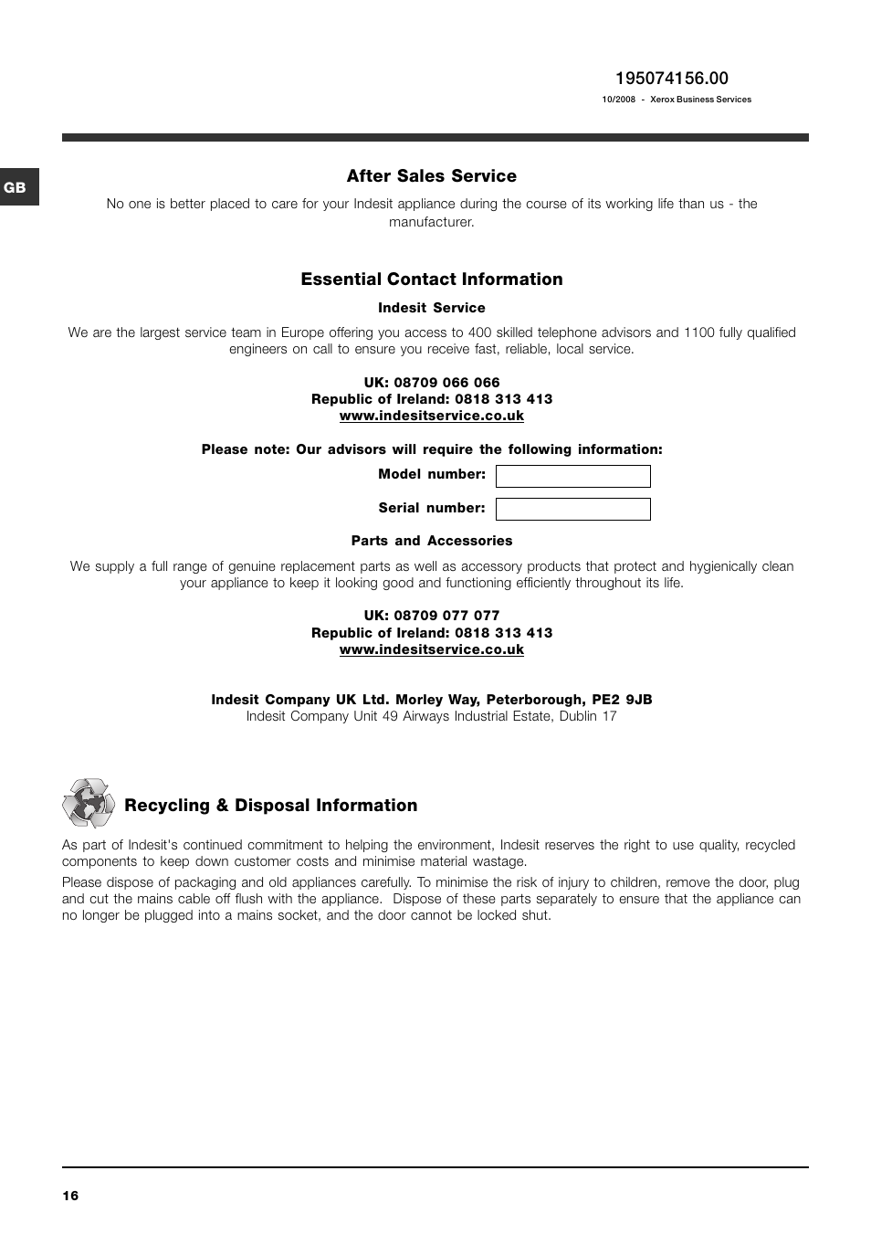 After sales service, Essential contact information, Recycling & disposal information | Indesit IWE 7168 S User Manual | Page 16 / 16