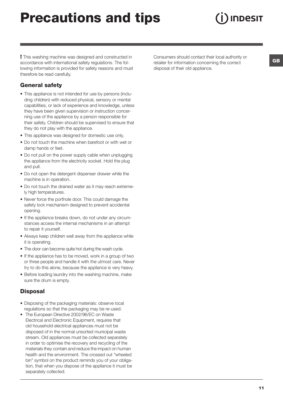 Precautions and tips | Indesit GB IWSC 5125 User Manual | Page 11 / 16