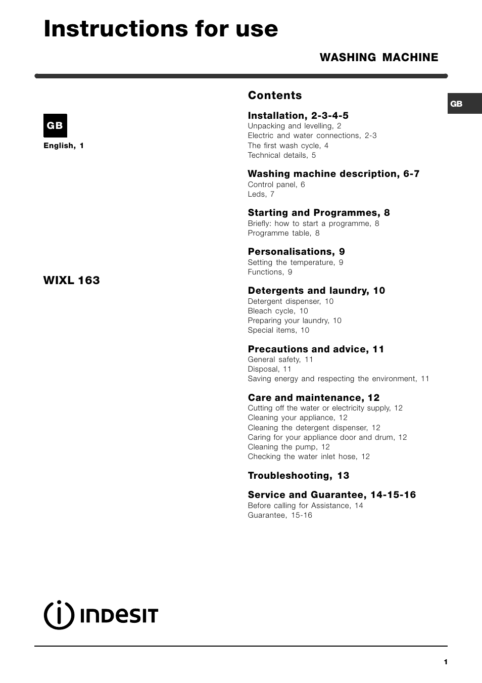 Indesit WIXL 163 User Manual | 16 pages