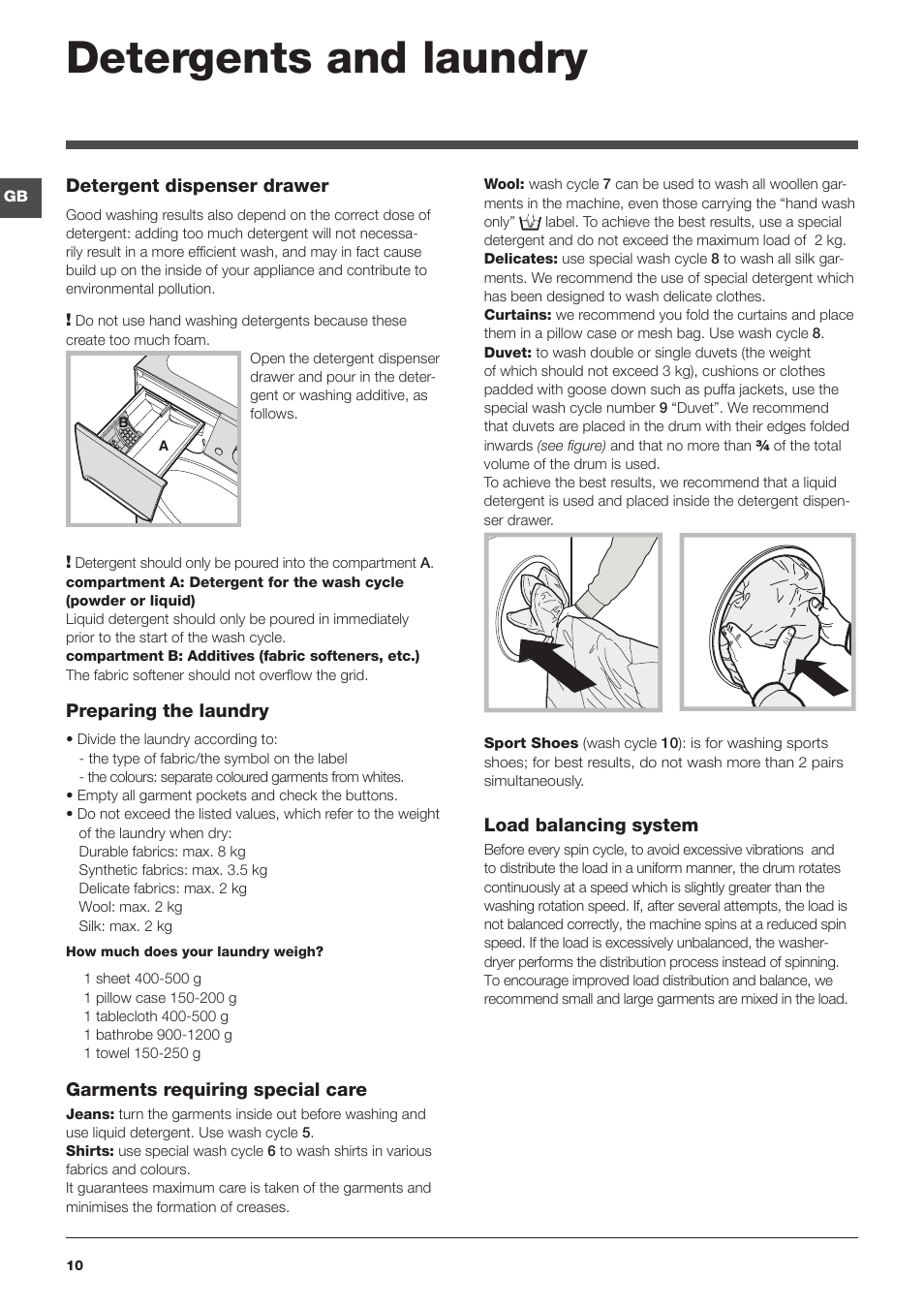 Detergents and laundry | Indesit Washer-Dryer pwdc User Manual | Page 10 / 16