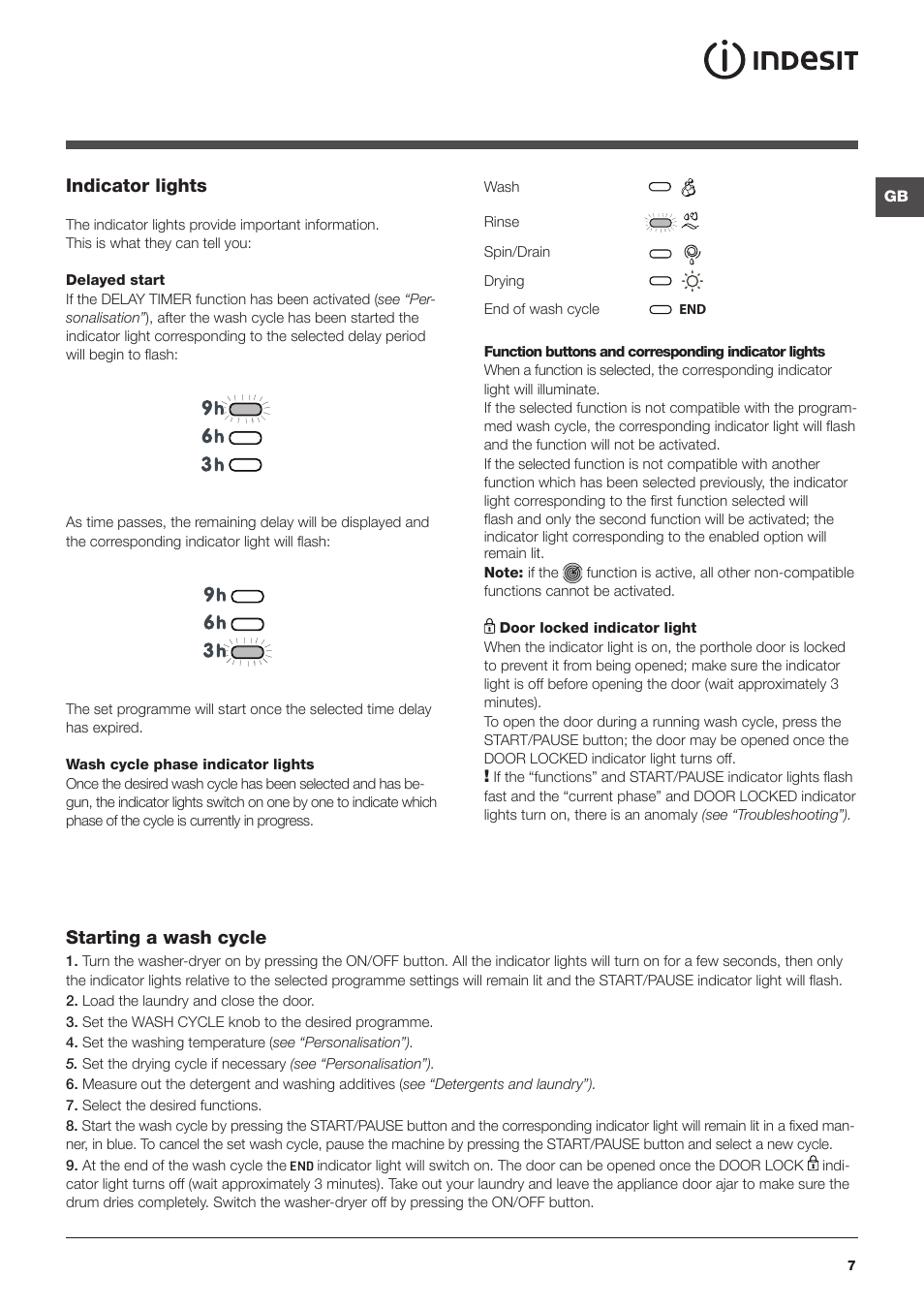 Indicator lights, Starting a wash cycle | Indesit Washer-Dryer pwdc User Manual | Page 7 / 16