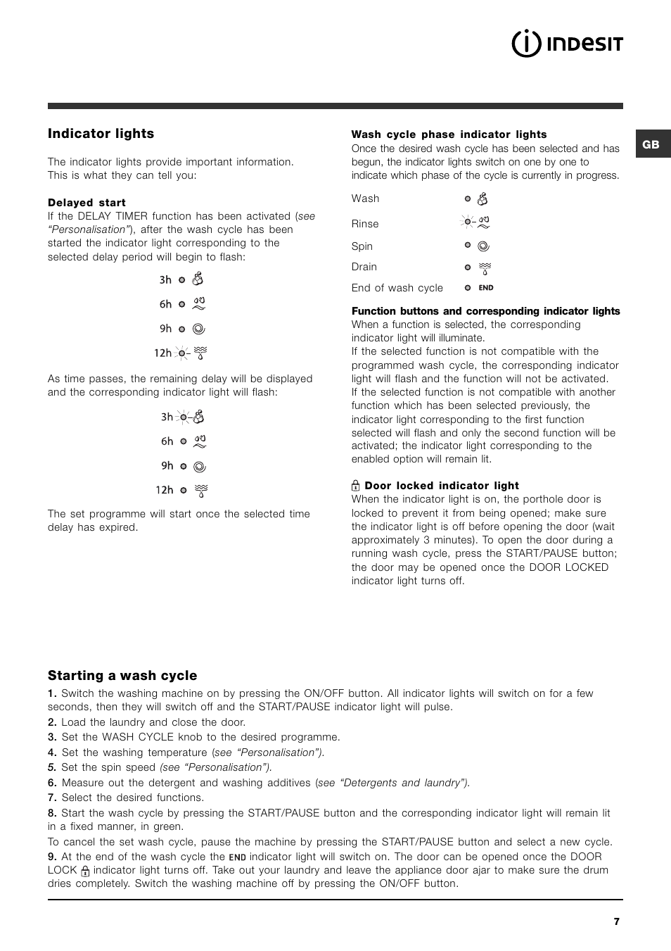 Indicator lights, Starting a wash cycle | Indesit IWC 6125 User Manual | Page 7 / 16