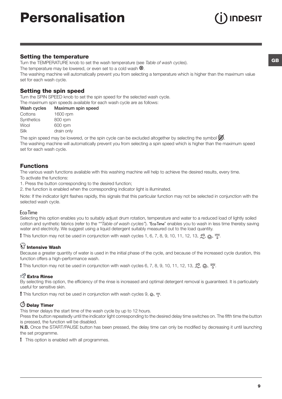 Personalisation | Indesit IWC 6165 User Manual | Page 9 / 16