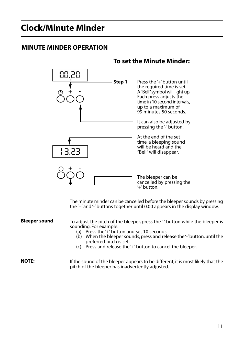 Clock/minute minder, Minute minder operation to set the minute minder | Indesit KD6E35W User Manual | Page 11 / 32