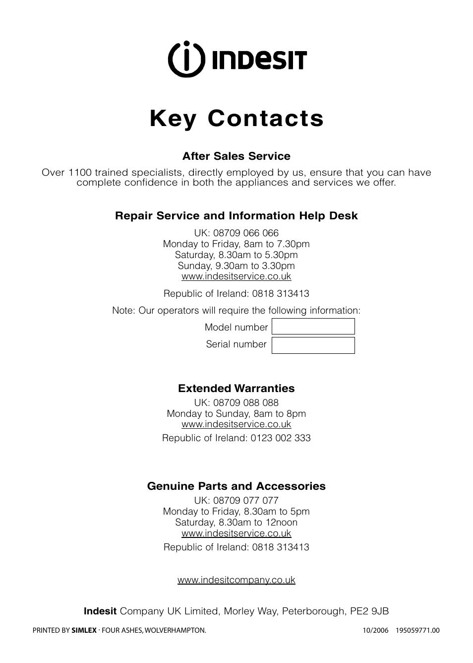 Key contacts | Indesit KD6E35W User Manual | Page 32 / 32