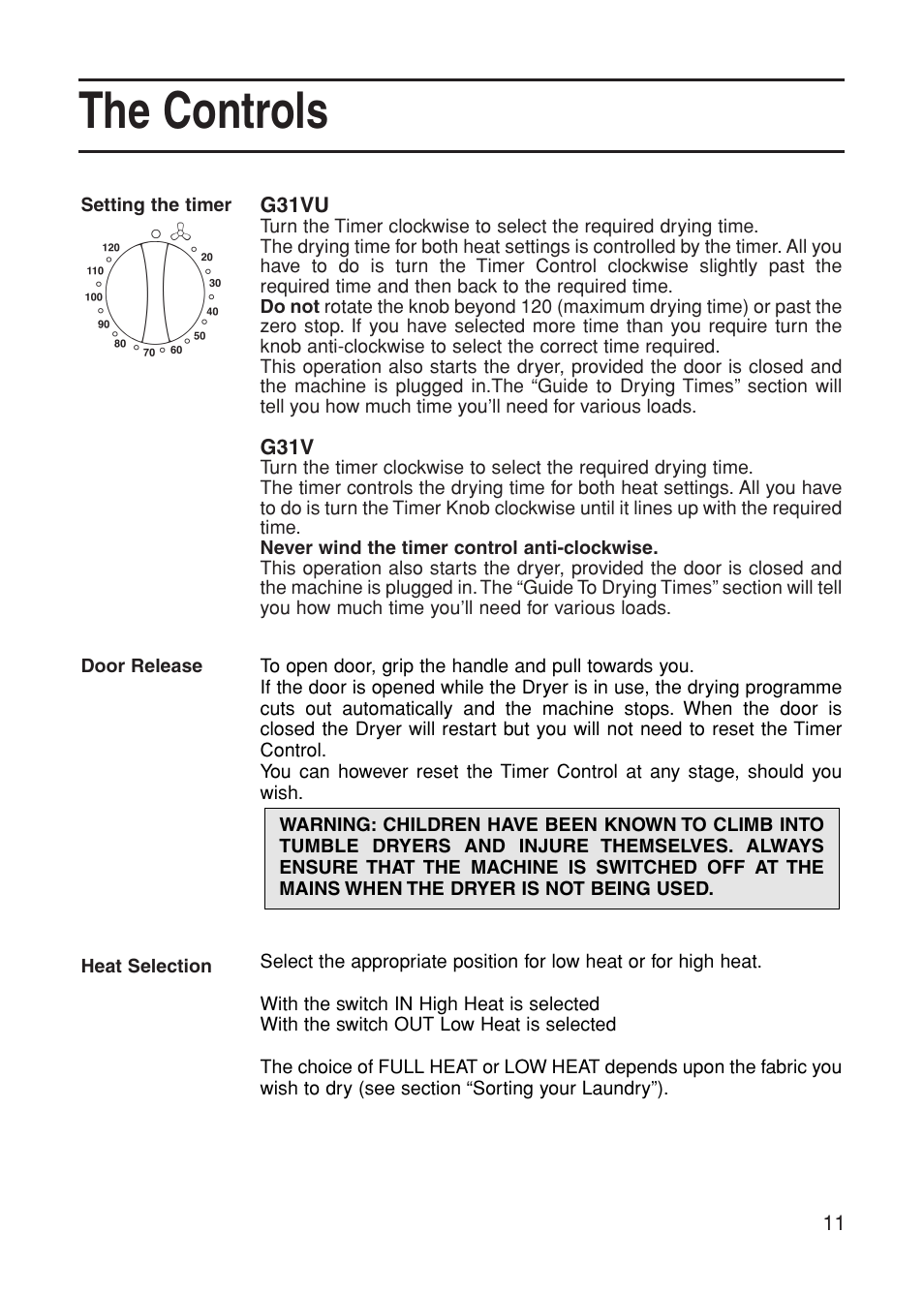 The controls | Indesit G31VU User Manual | Page 11 / 16