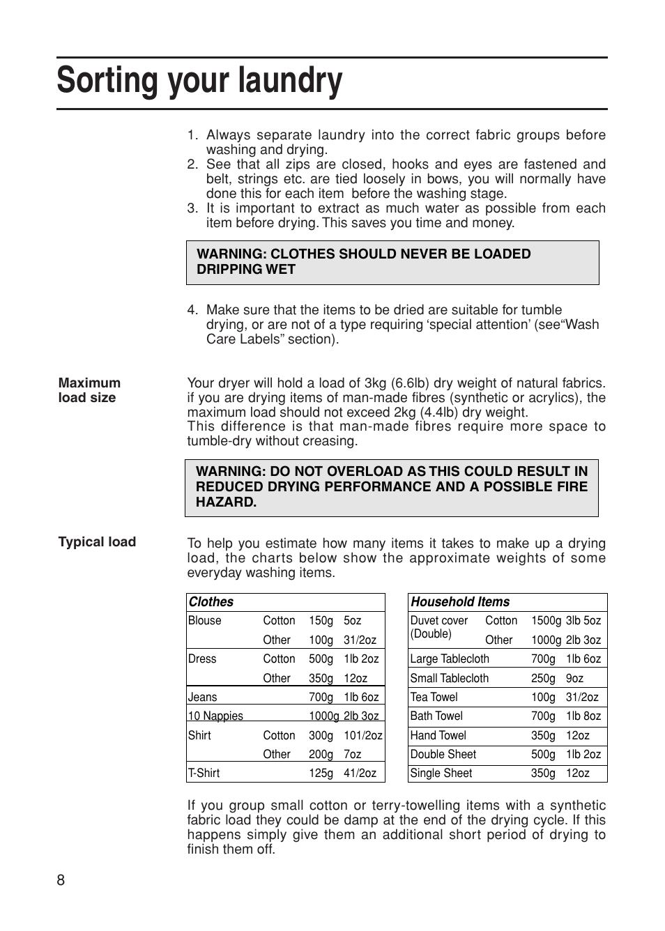 Sorting your laundry | Indesit G31VU User Manual | Page 8 / 16
