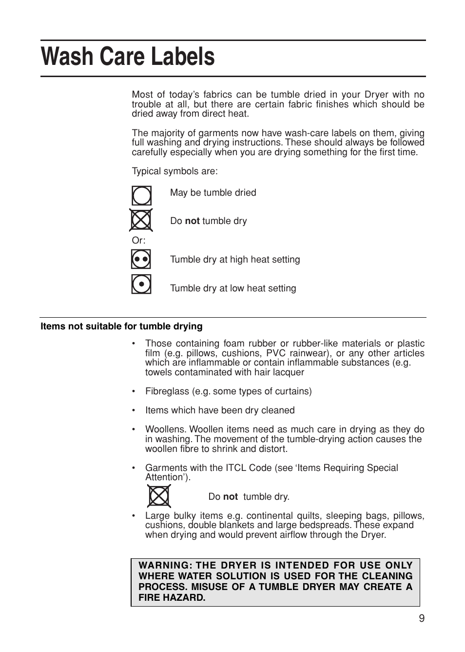 Wash care labels | Indesit G31VU User Manual | Page 9 / 16