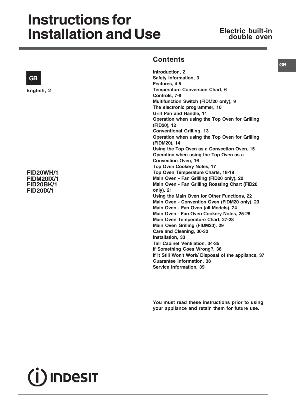 Indesit Electric built-in double oven FID20WH User Manual | 40 pages