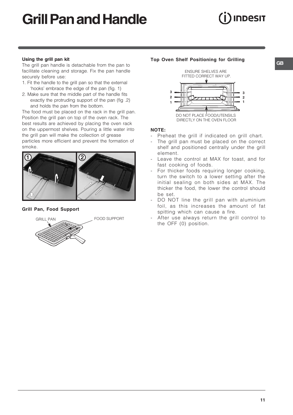 Grill pan and handle | Indesit Electric built-in double oven FID20WH User Manual | Page 11 / 40
