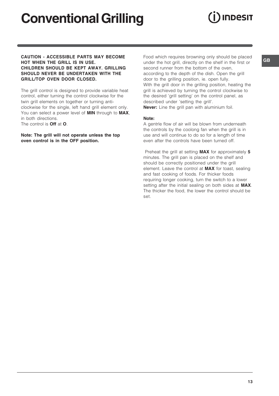 Conventional grilling | Indesit Electric built-in double oven FID20WH User Manual | Page 13 / 40