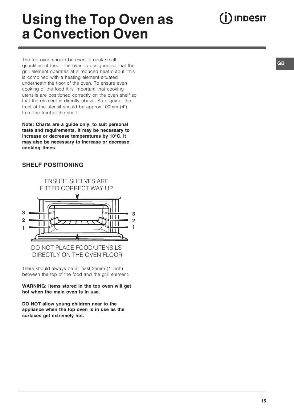 Using the top oven as a convection oven | Indesit Electric built-in double oven FID20WH User Manual | Page 15 / 40