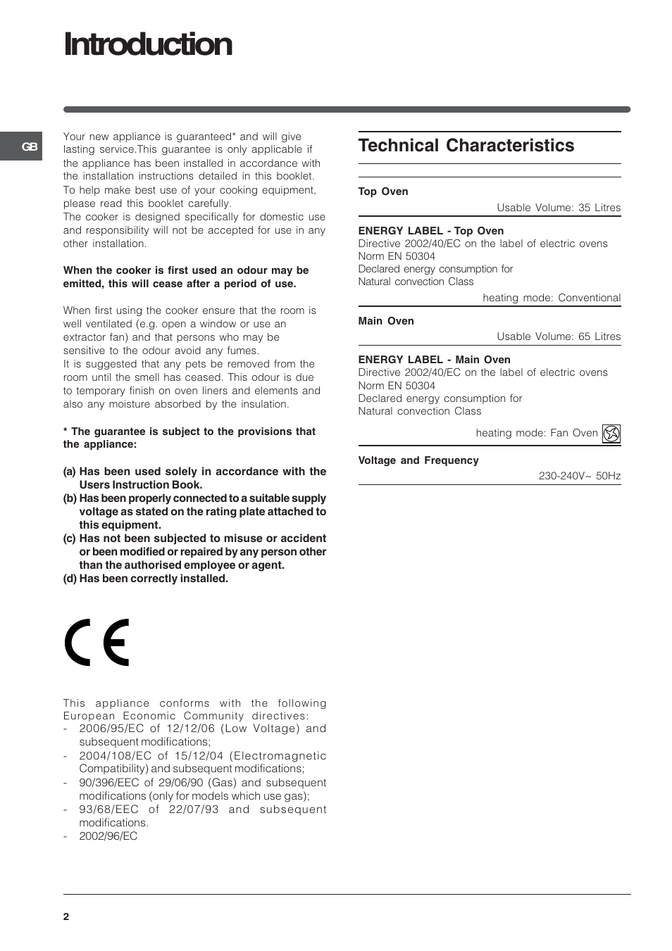 Introduction, Technical characteristics | Indesit Electric built-in double oven FID20WH User Manual | Page 2 / 40