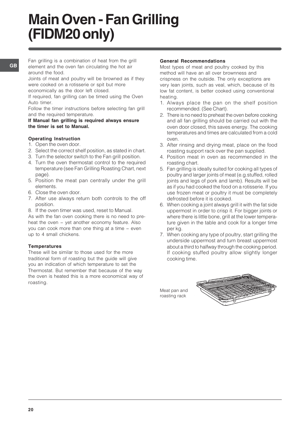 Main oven - fan grilling (fidm20 only) | Indesit Electric built-in double oven FID20WH User Manual | Page 20 / 40