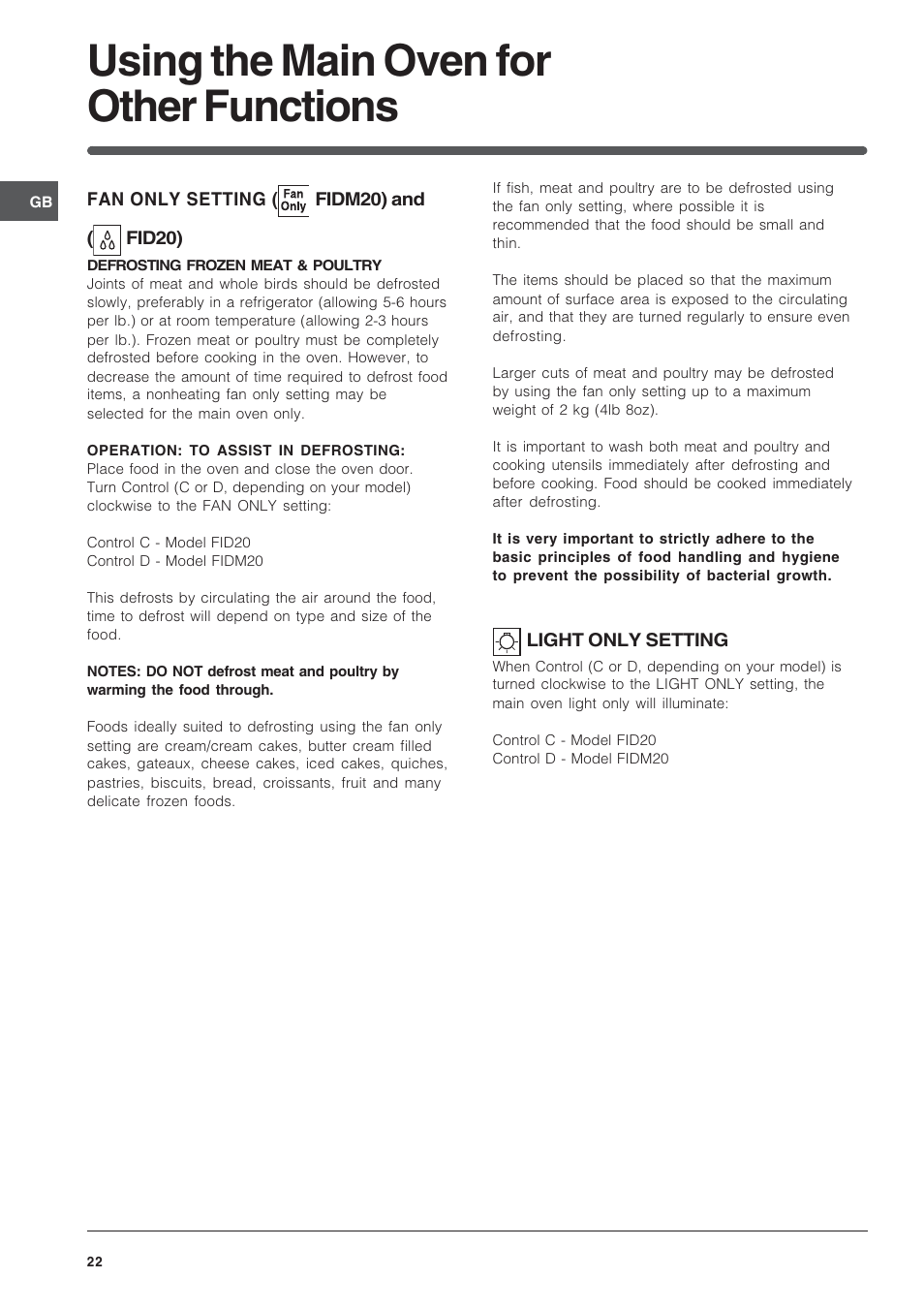 Using the main oven for other functions | Indesit Electric built-in double oven FID20WH User Manual | Page 22 / 40