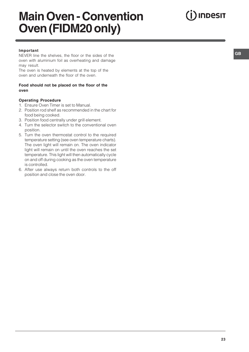 Main oven - convention oven (fidm20 only) | Indesit Electric built-in double oven FID20WH User Manual | Page 23 / 40