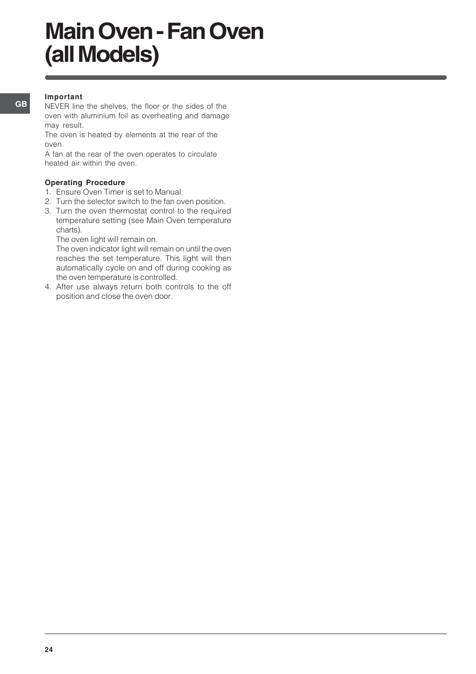 Main oven - fan oven (all models) | Indesit Electric built-in double oven FID20WH User Manual | Page 24 / 40