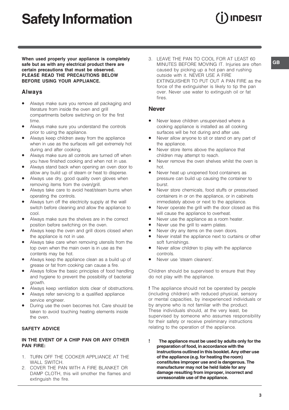 Safety information | Indesit Electric built-in double oven FID20WH User Manual | Page 3 / 40