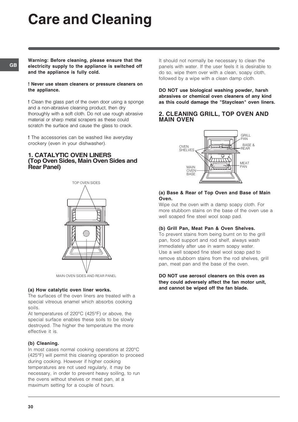 Care and cleaning, Cleaning grill, top oven and main oven | Indesit Electric built-in double oven FID20WH User Manual | Page 30 / 40