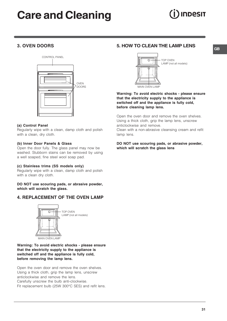 Care and cleaning, Oven doors, Replacement of the oven lamp | How to clean the lamp lens | Indesit Electric built-in double oven FID20WH User Manual | Page 31 / 40