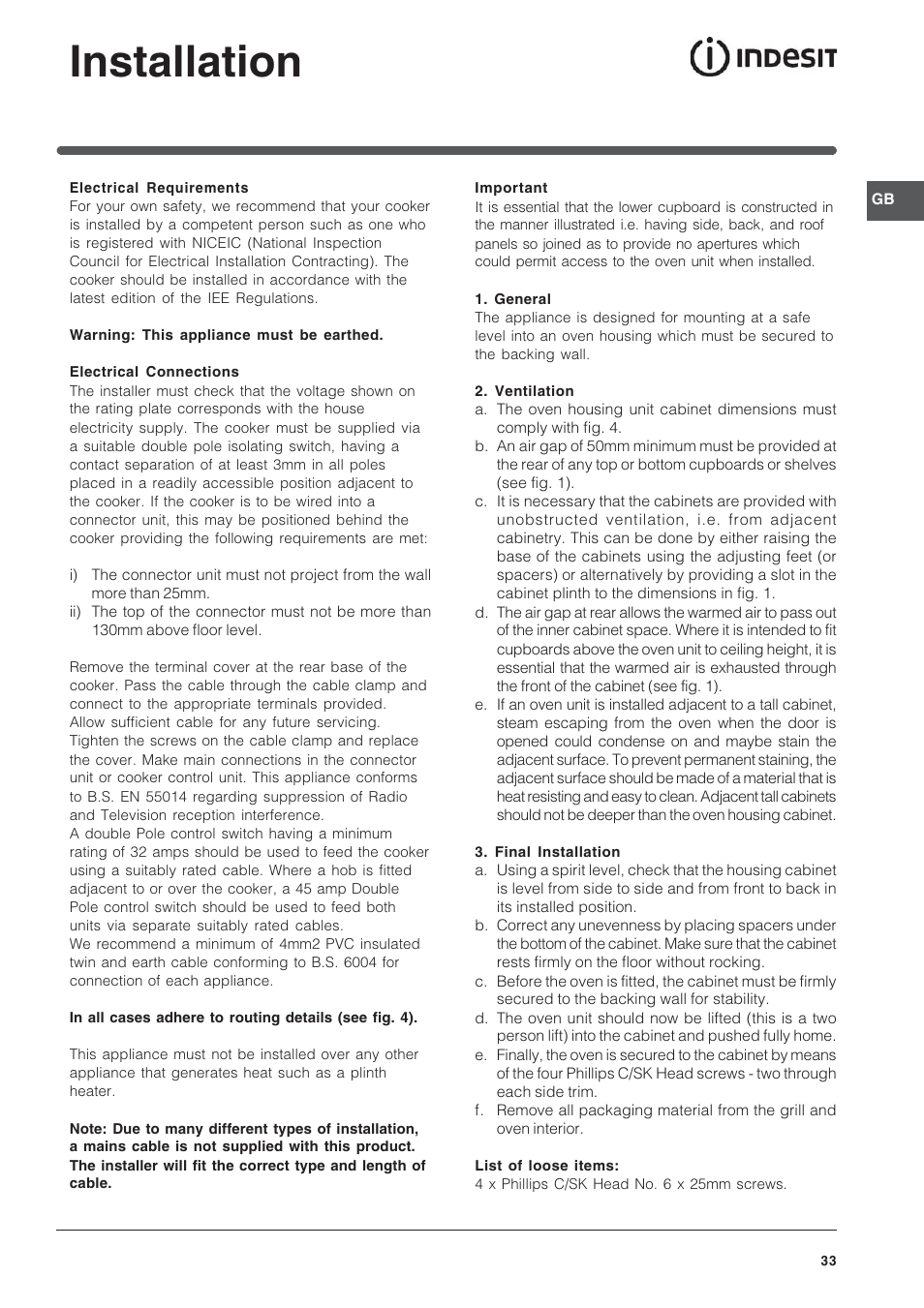 Installation | Indesit Electric built-in double oven FID20WH User Manual | Page 33 / 40