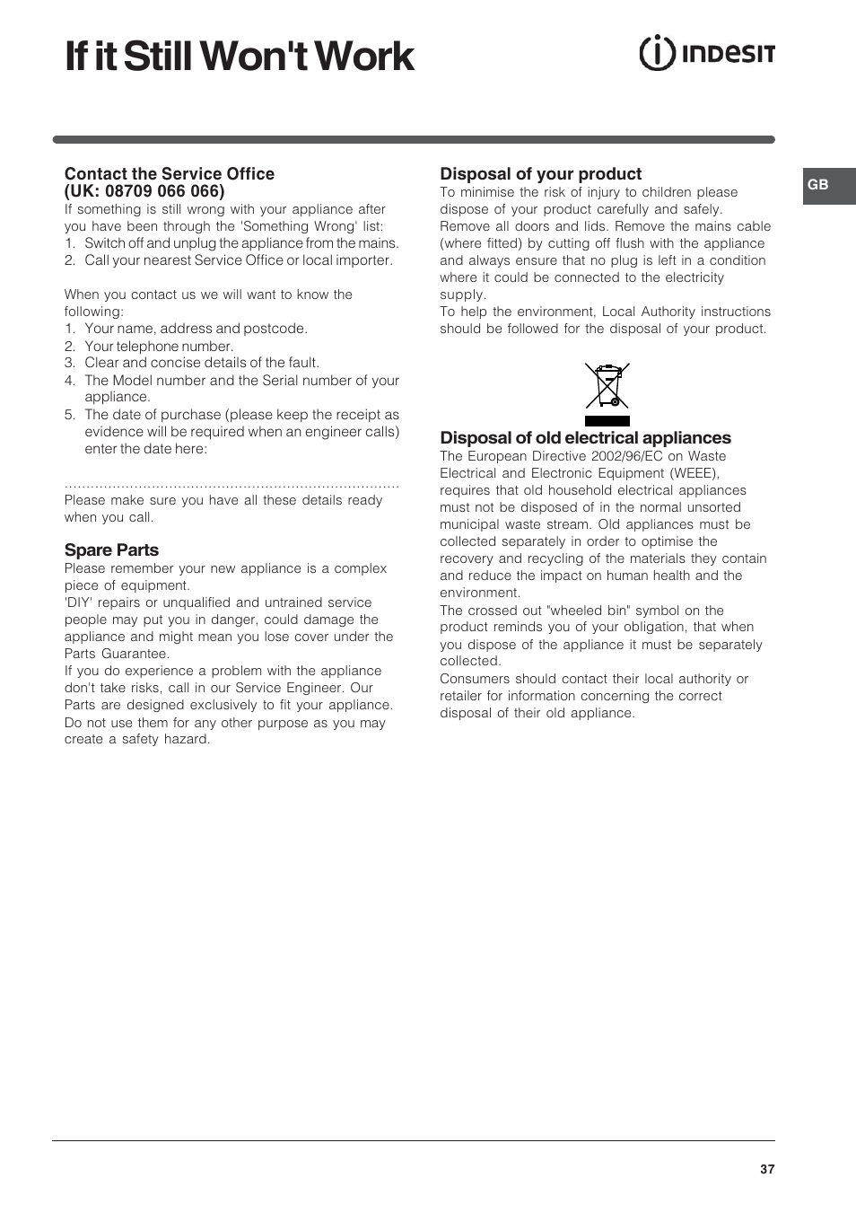 If it still won't work | Indesit Electric built-in double oven FID20WH User Manual | Page 37 / 40